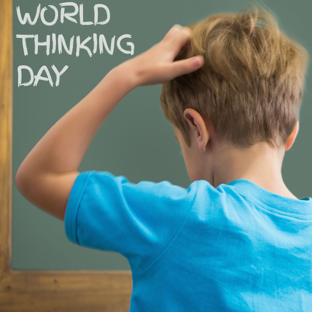 Child Pondering on World Thinking Day Near Chalkboard