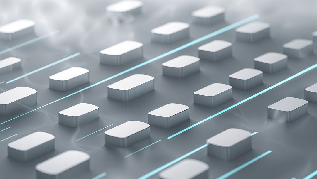 Futuristic Floating Blocks with Cyan Neon Lines in Digital Landscape