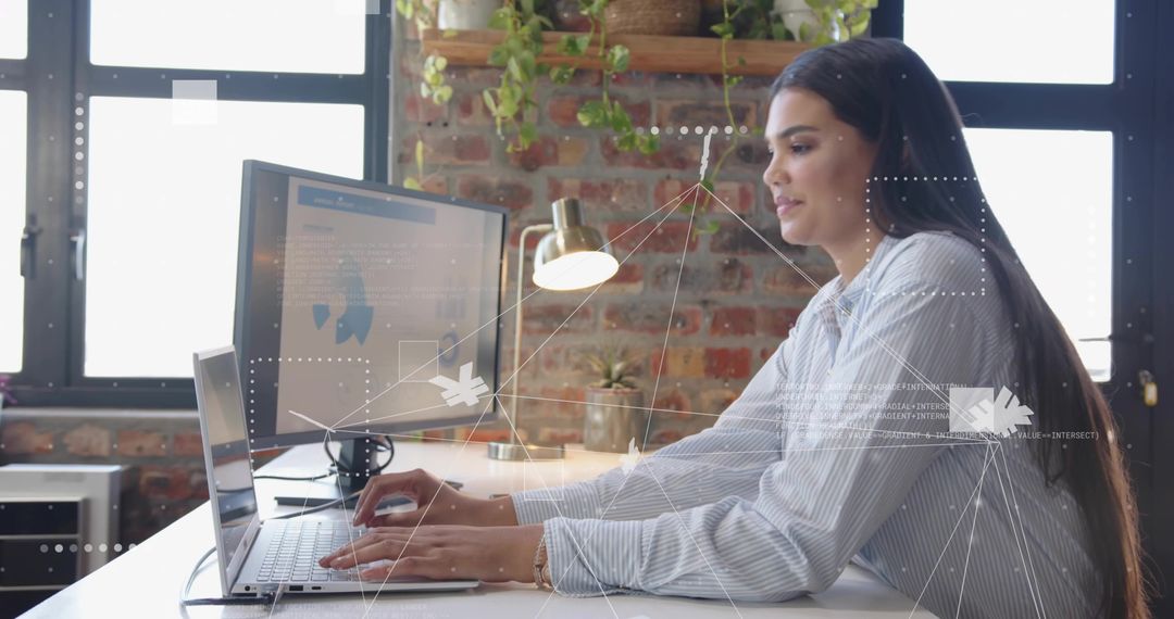 Professional Woman Analyzing Data in Loft Office Workspace