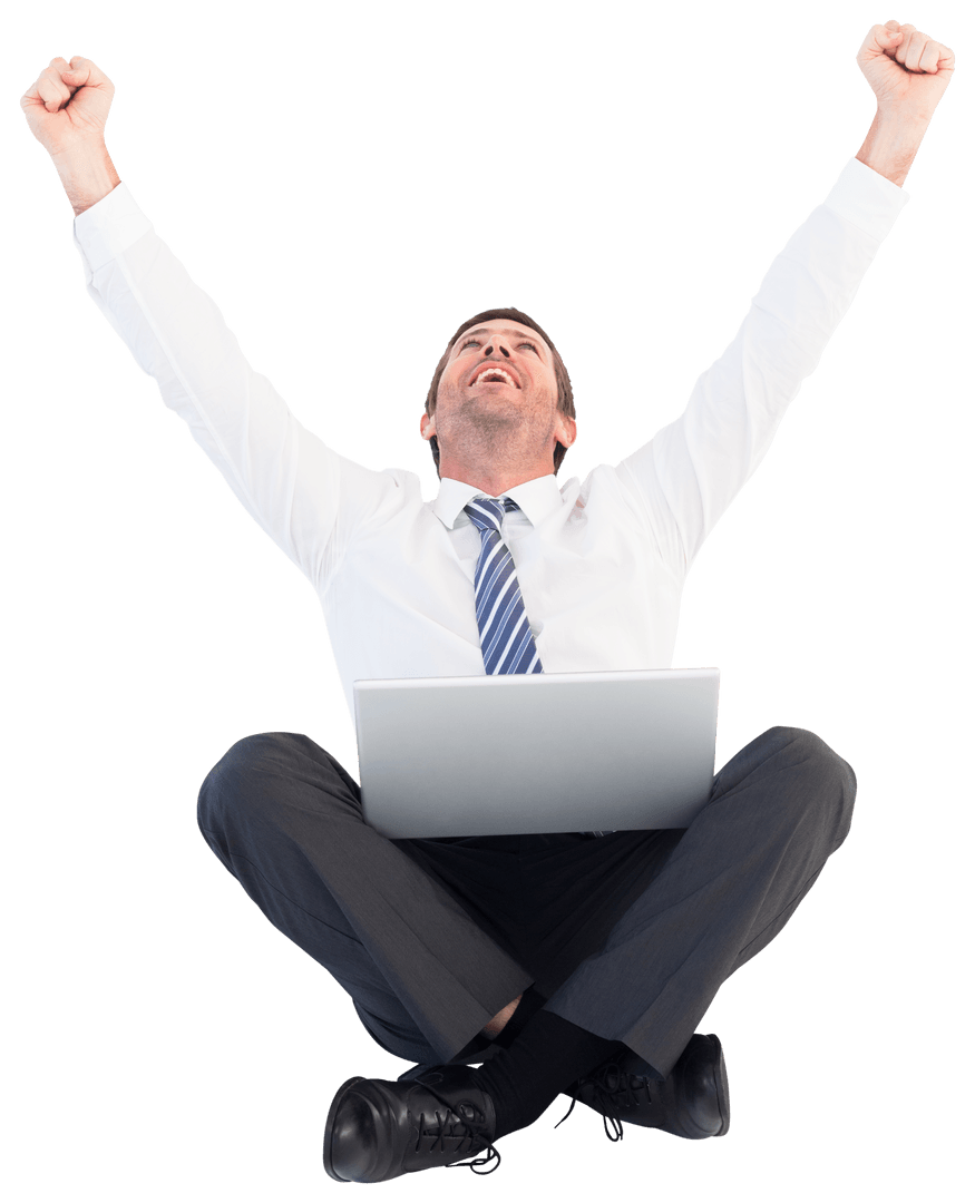 Transparent Excited Businessman Cheering with Laptop