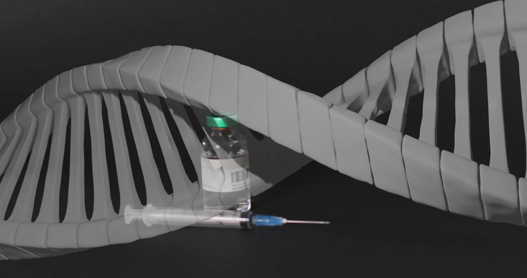 DNA Strand with Vaccine and Syringe on Black Background