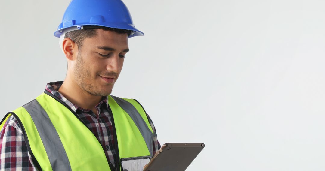 Construction Worker in Hard Hat Using Tablet Smiling - Free Images, Stock Photos and Pictures on Pikwizard.com