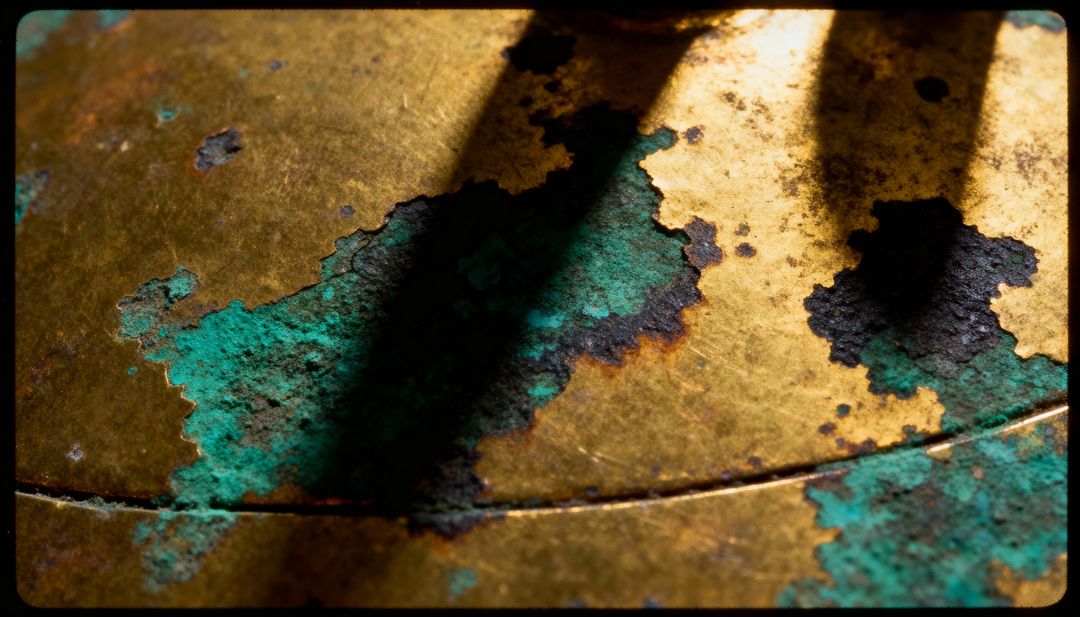 Corroded Brass Showing Verdigris Patina, Turquoise Flakes Macro Closeup