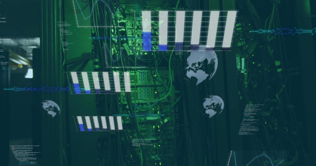 Data center rack glowing with green LEDs, bundled cables and network monitoring overlays