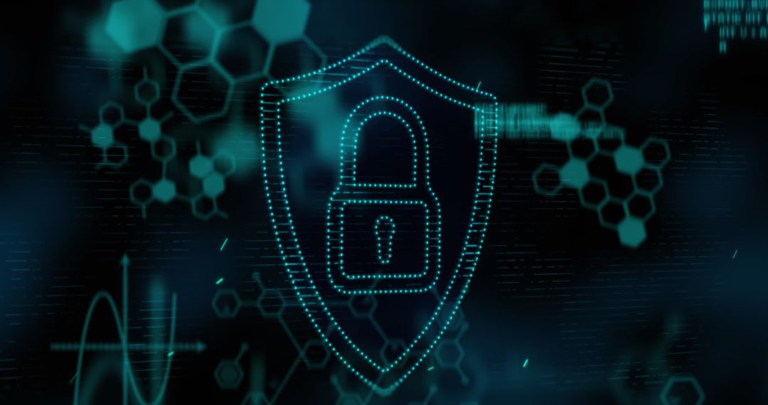 Cybersecurity Lock with Data and Molecular Structures Background