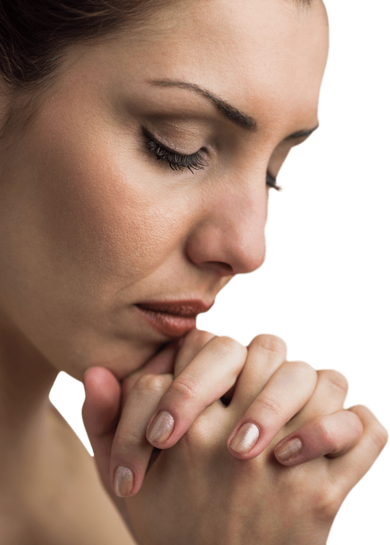Close-Up of Woman Praying with Confident Pose on Transparent Background