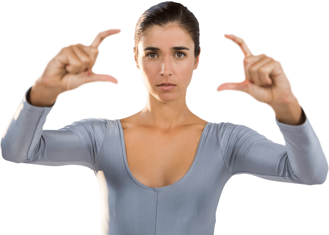 Transparent Girl Framing Gesture in Silver Attire