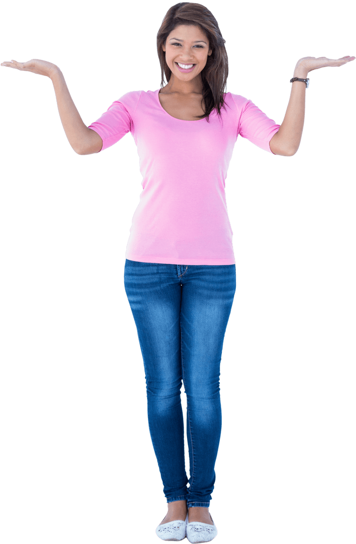 Joyful Brunette Presenting Gesture Transparent Background