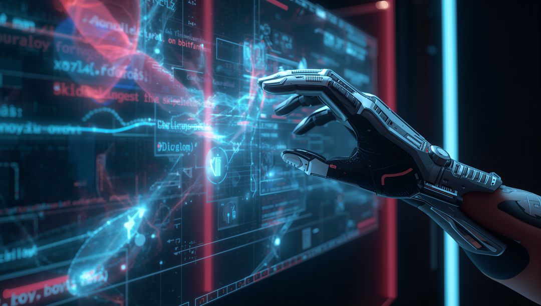 Robotic Forearm Reaching Through Holographic Interface with Neon Blue-Red Data Panels