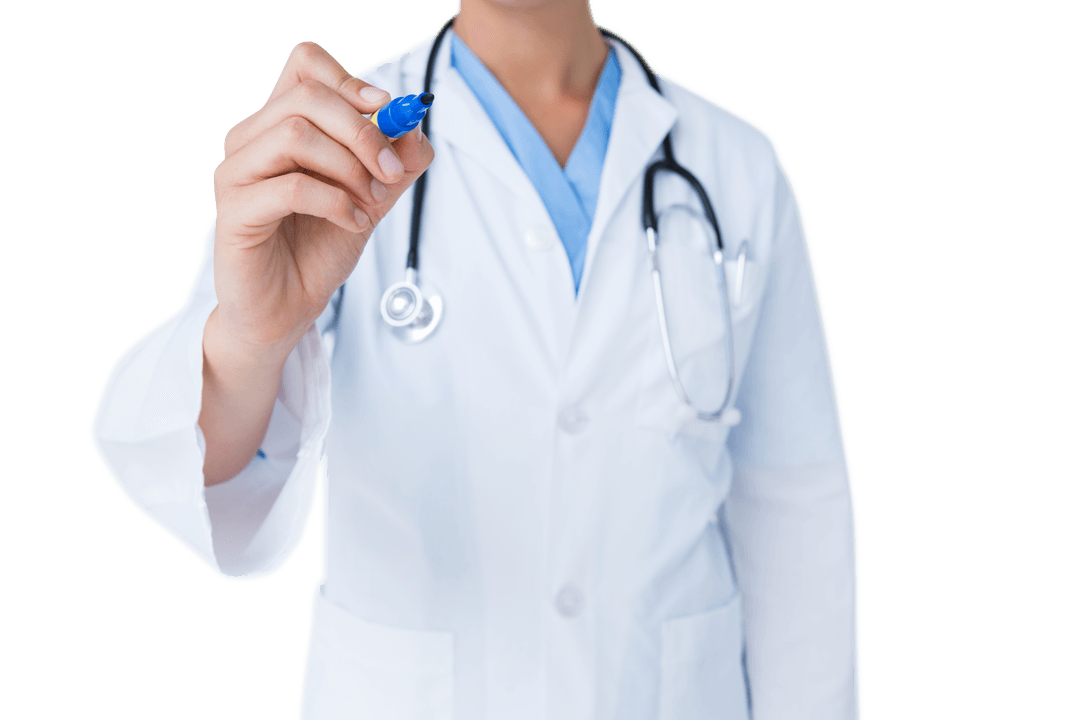 Transparent Doctor Writing with Blue Marker Up Close