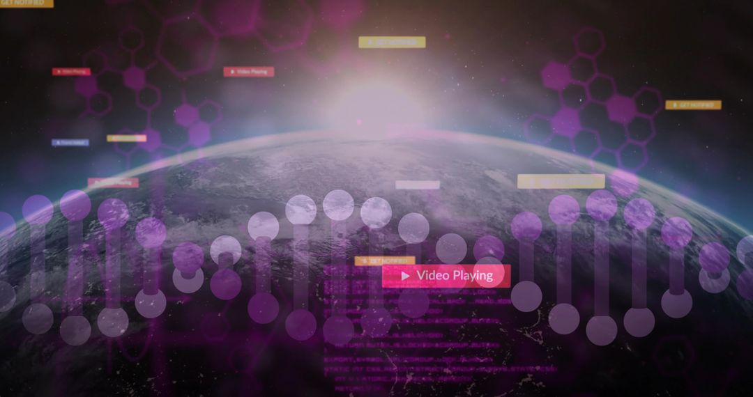 Futuristic Earth Horizon with Holographic Data Overlay and Purple Hex Grid Visualization