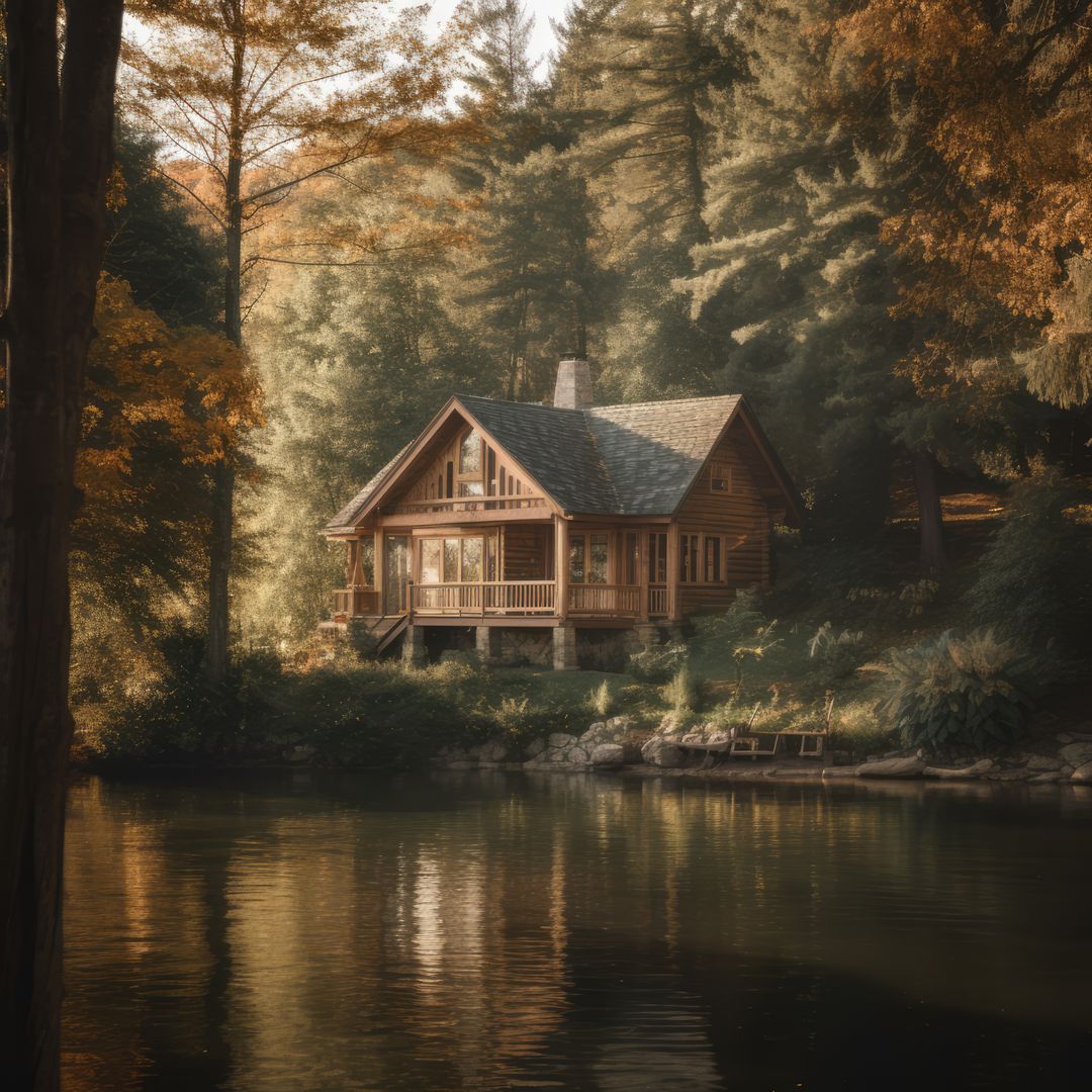 Wooden cabin in forest by lake, created using generative ai technology - Free Images, Stock Photos and Pictures on Pikwizard.com
