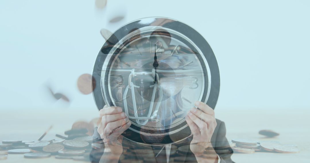 Businessman Hiding Behind Clock with Falling Coins Symbolizing Time and Money