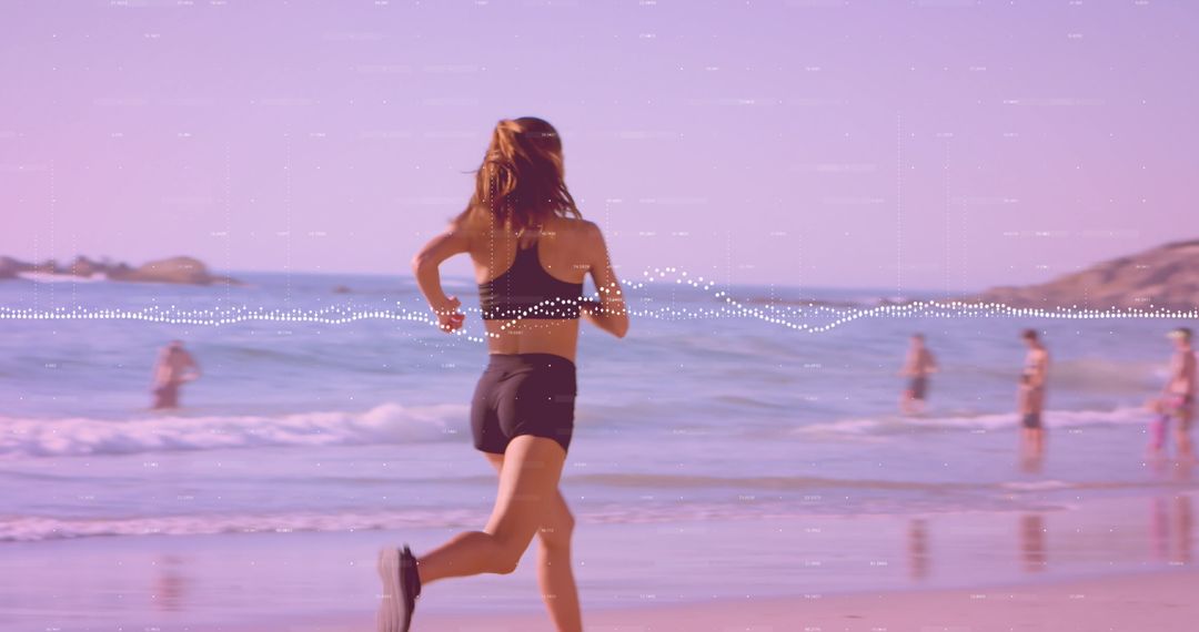 Woman Running on Beach at Sunrise with Sound Waves Effect