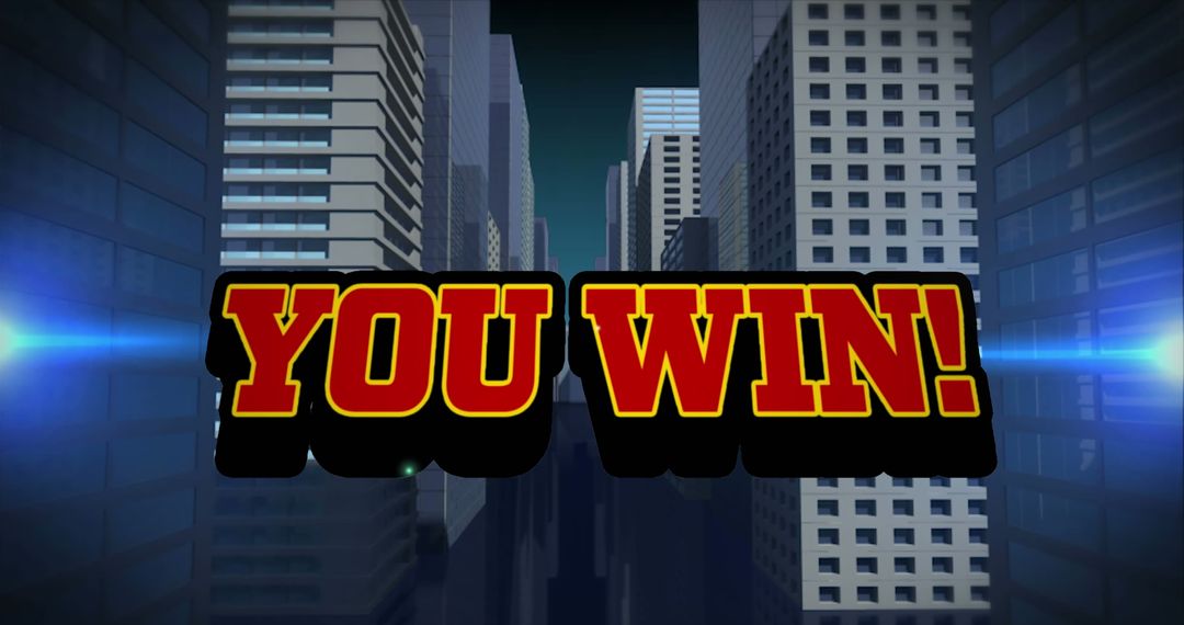 Winning Screen with Bold Text Over Virtual Cityscape