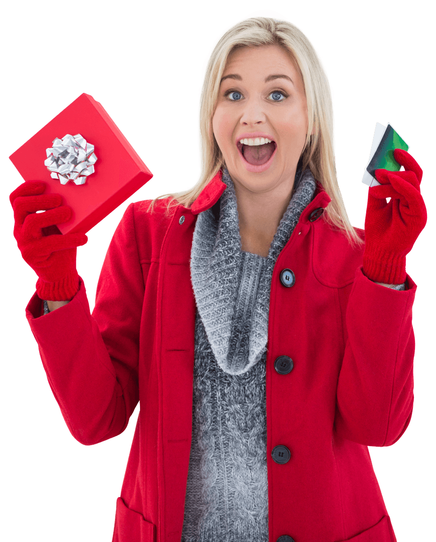 Smiling Woman Holding Red Gift and Credit Card with Transparent Background
