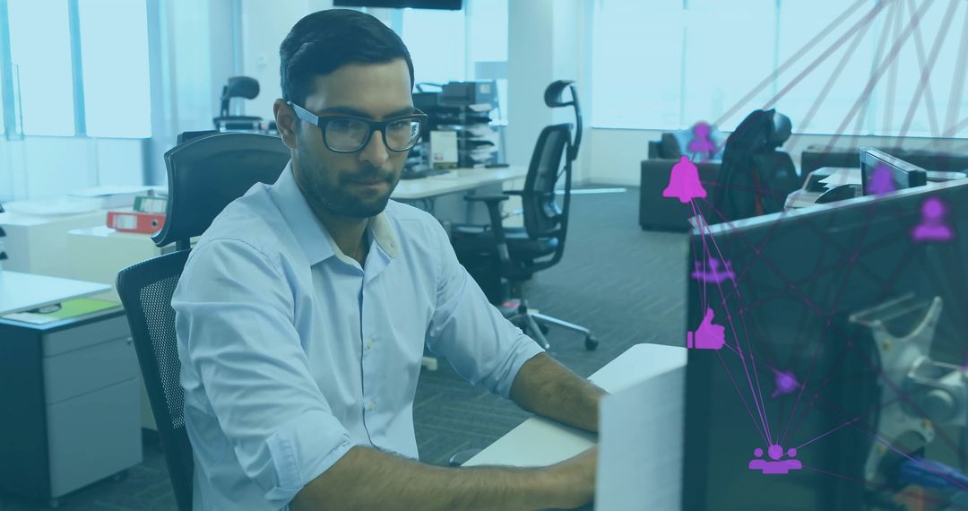 Businessman in Office Analyzing Digital Connections Network