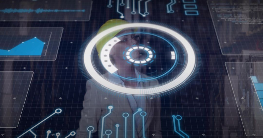 Engineer wearing hard hat interacting with futuristic HUD display and data dashboards