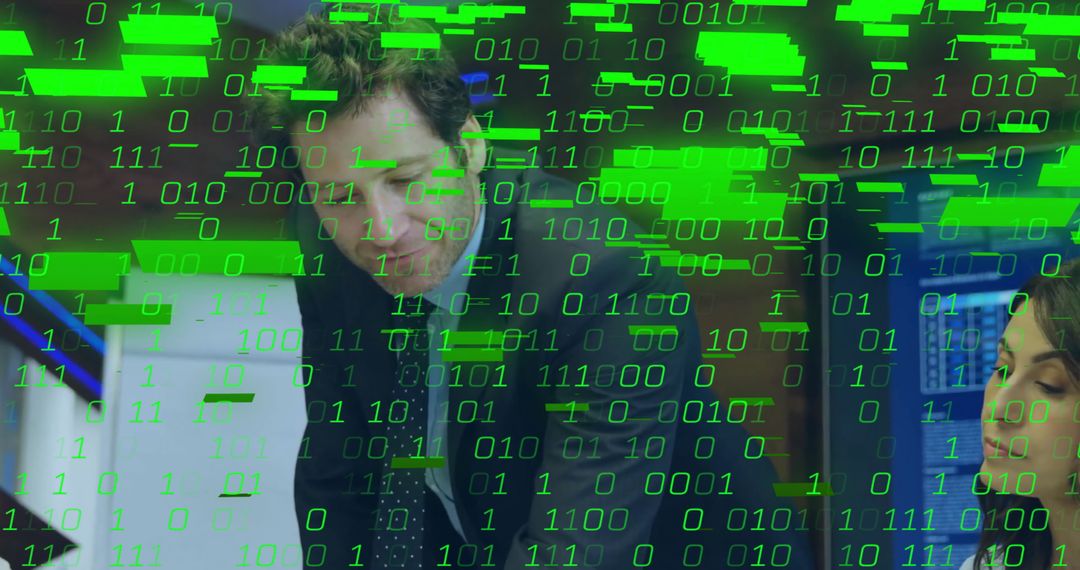 Business Team Analyzing Coding with Binary Overlays - Free Images, Stock Photos and Pictures on Pikwizard.com