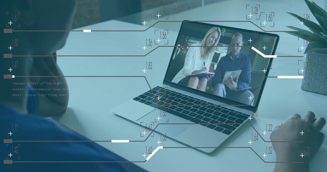 Data Overlay on Diverse Colleagues Video Call on Laptop - Technology Concept