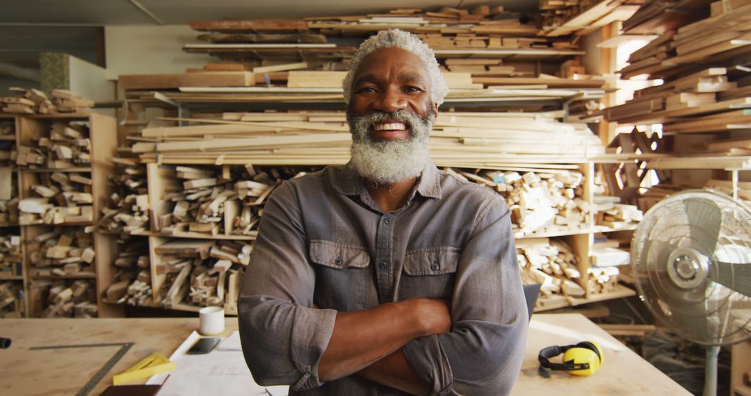 Confident Senior Carpenter Smiling in Woodshop Workshop - Free Images, Stock Photos and Pictures on Pikwizard.com