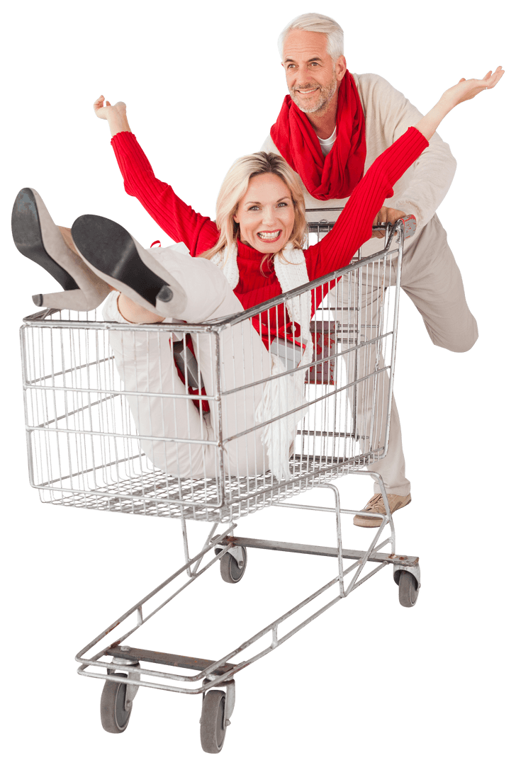 Joyful Senior Couple with Shopping Cart Transparent Background