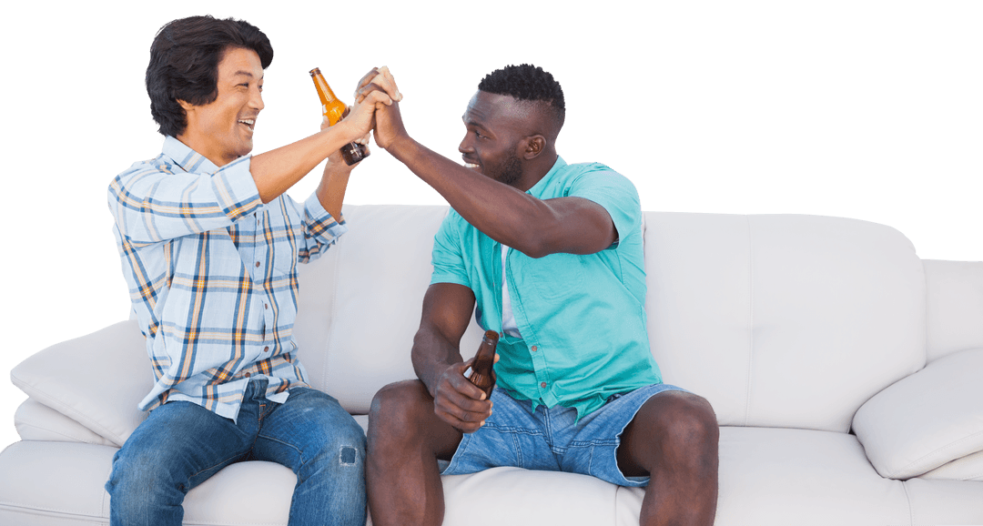 Cheering Diverse Football Fans Enjoying Beverage with Transparent Background
