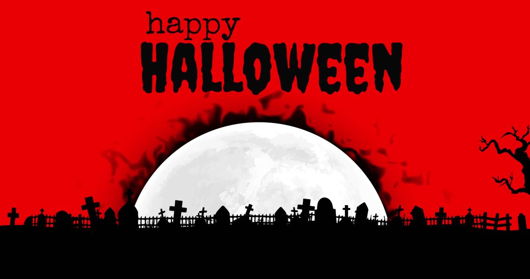 Happy Halloween Greeting with Cemetery Silhouette and Full Moon - Free Images, Stock Photos and Pictures on Pikwizard.com