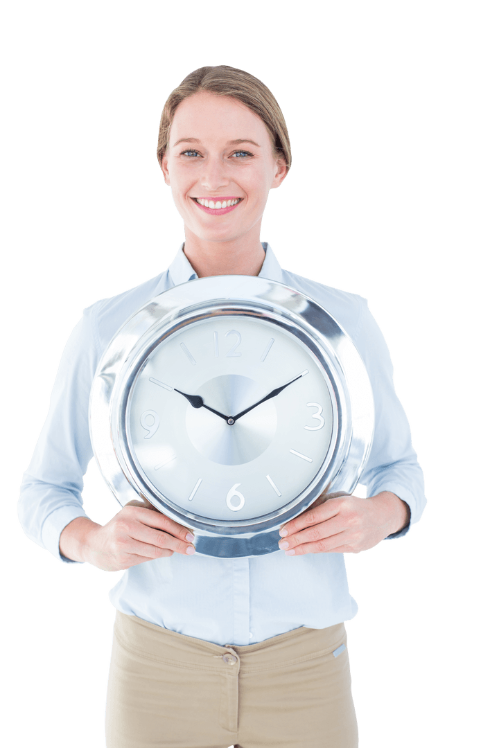 Businesswoman Holding Large Transparent Clock in Professional Setting