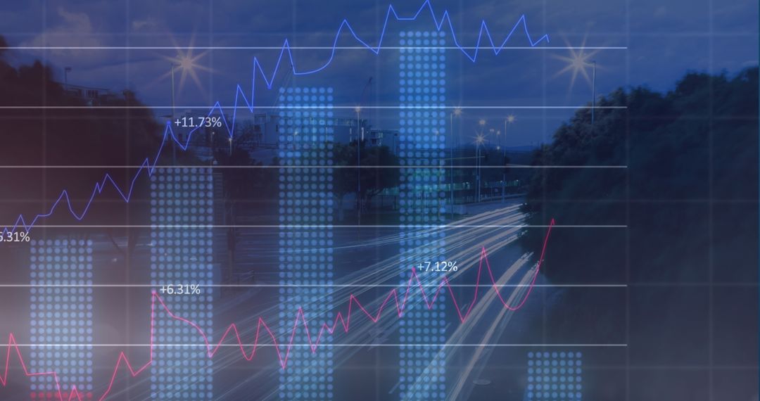 Dynamic Financial Graphs with Illuminated Night Cityscene