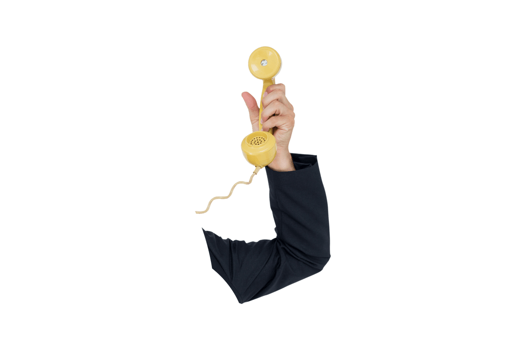 Hand Holding Yellow Vintage Phone Handset on Transparent Background