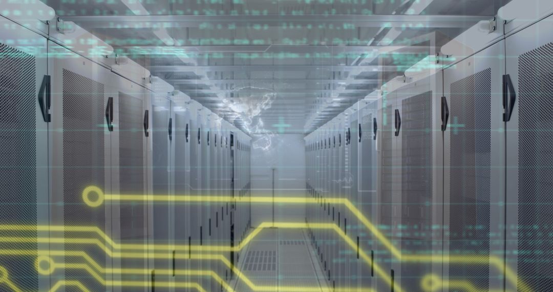 Futuristic Data System with Digital Circuit Overlay in Server Room