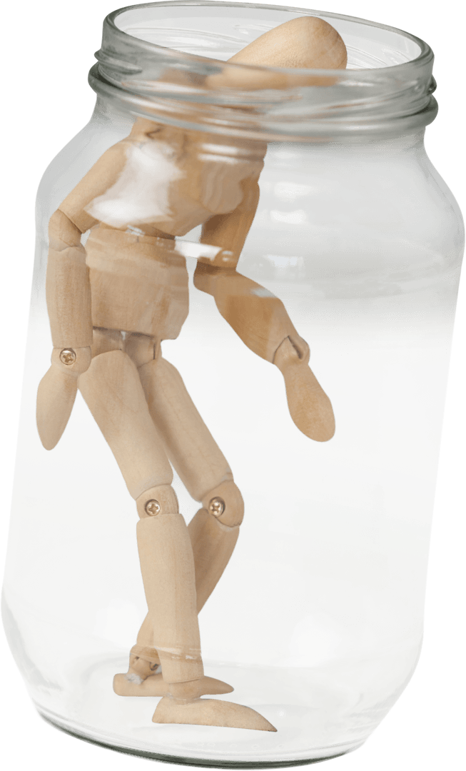 Transparent Glass Jar Encapsulating Wooden Figurine Animation