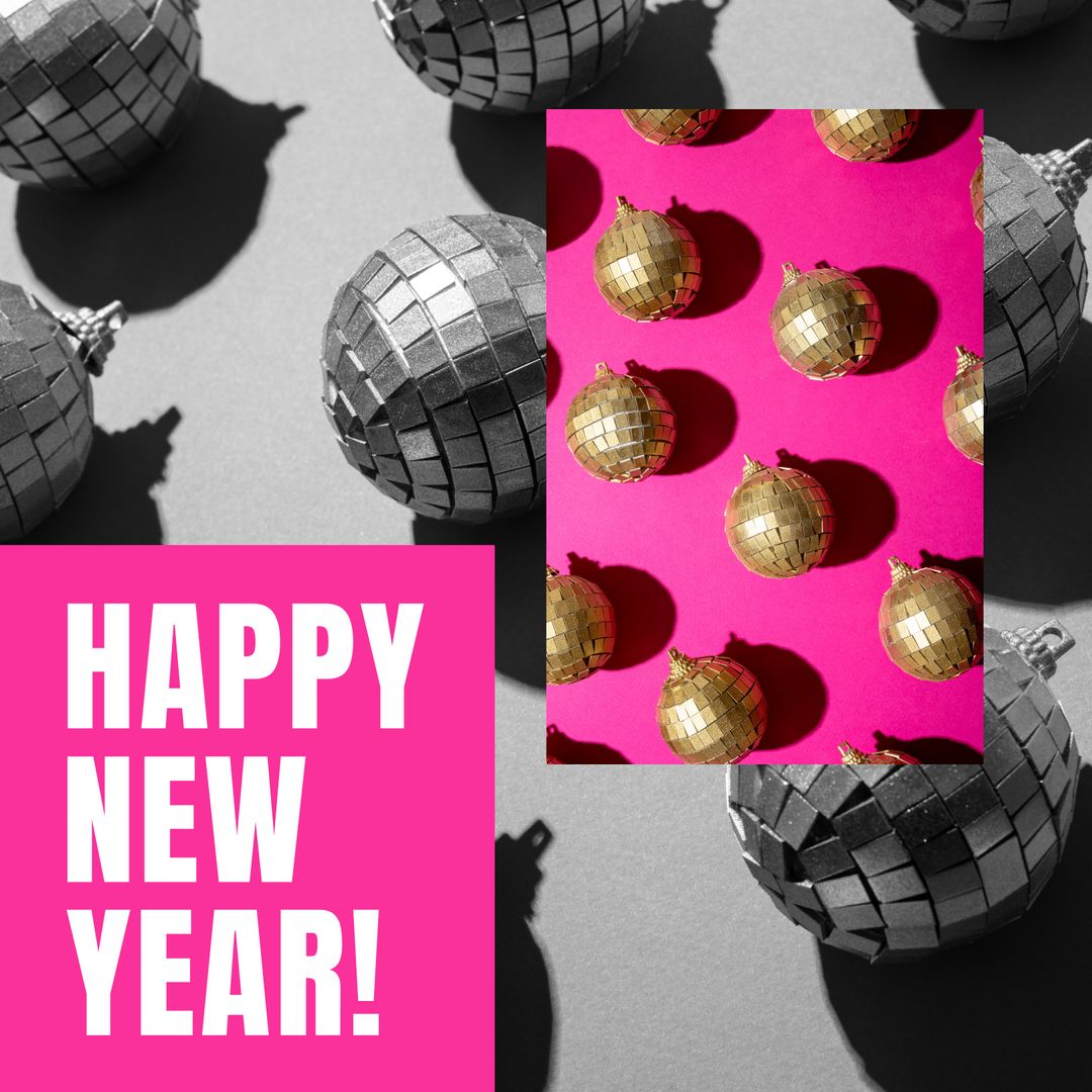 Happy New Year Celebration with Disco Balls on Pink Background