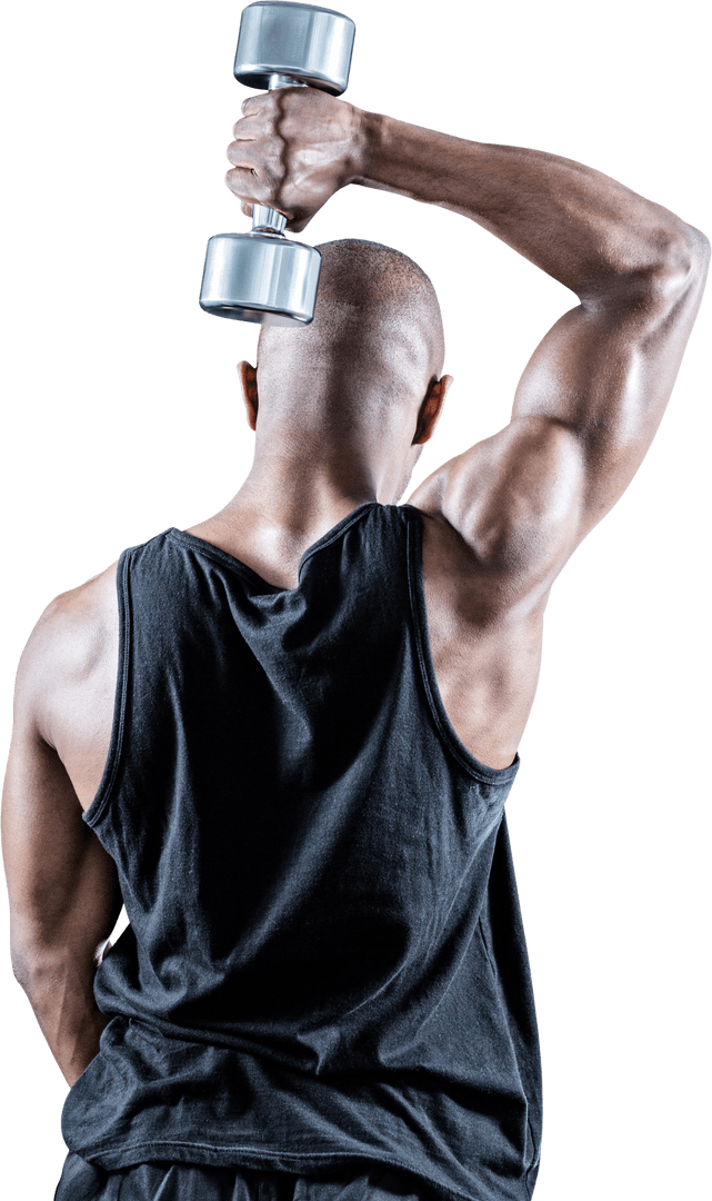 Muscular Man Exercising with Rear View Dumbbell on Transparent Background