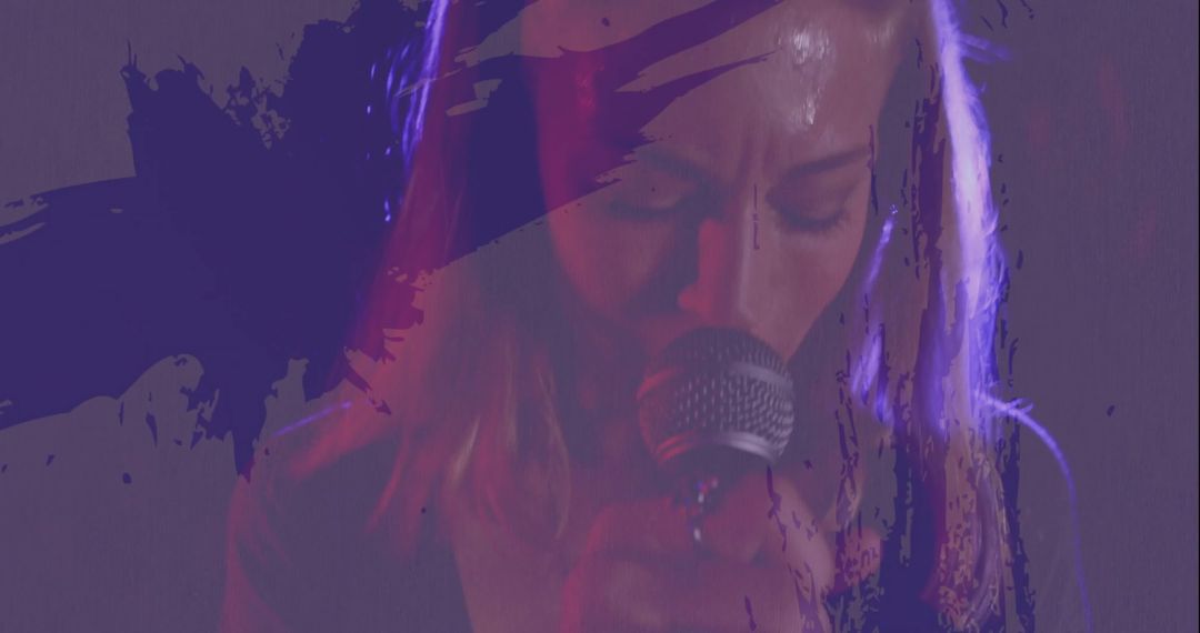Singer in Artistic Performance with Purple Abstract Overlays