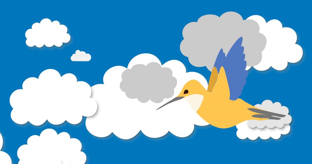 Bright Yellow Bird Illustration Flying Over Clouds in Blue Sky - Free Images, Stock Photos and Pictures on Pikwizard.com