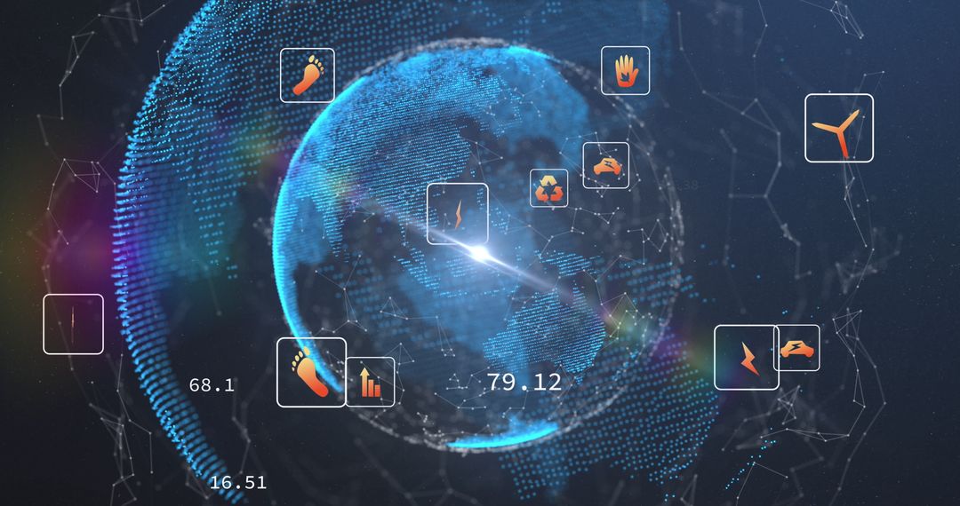 Futuristic Digital Globe with Technology Icons and Data Points