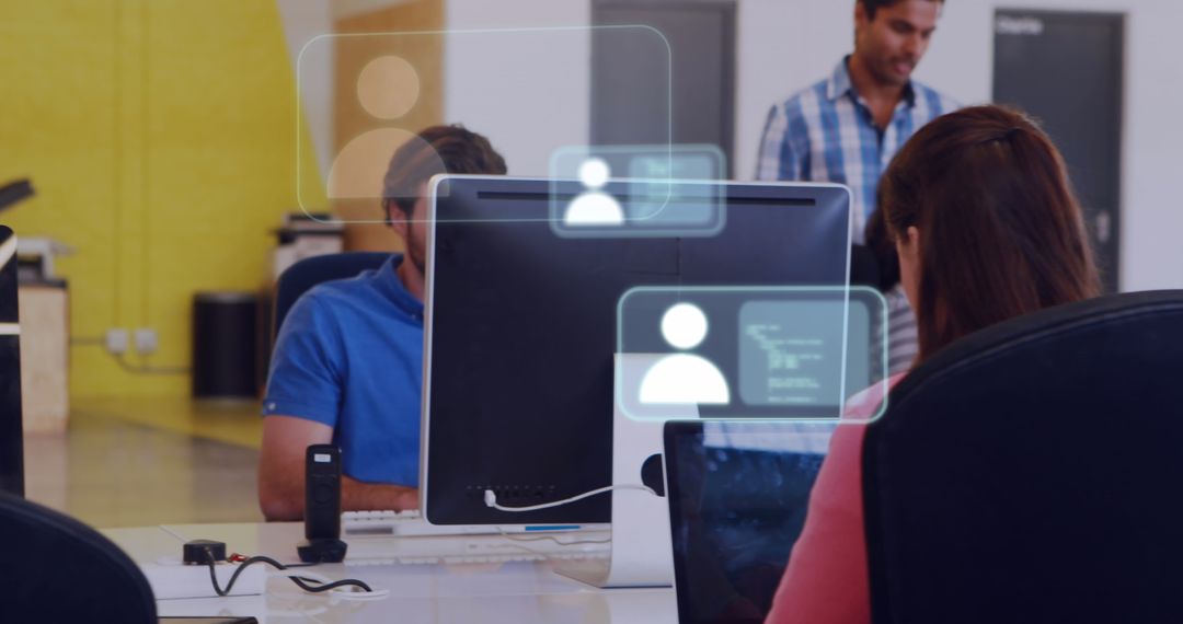 Innovative Teamwork in Tech Office with Digital Interface