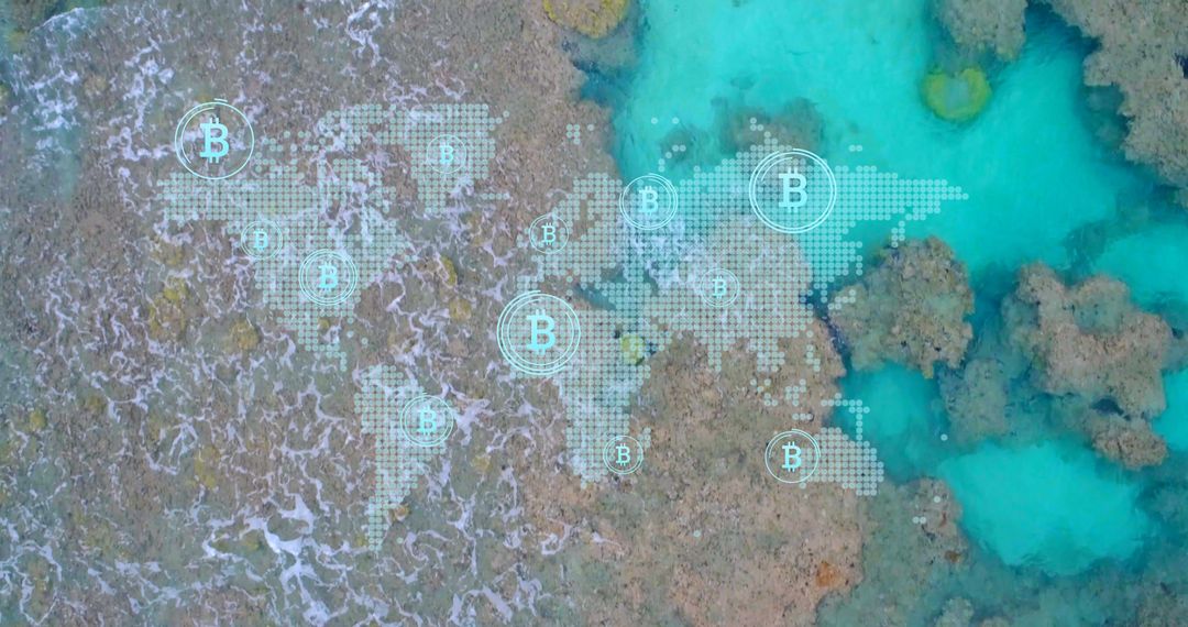 Digital Currency Integration on World Map Over Ocean