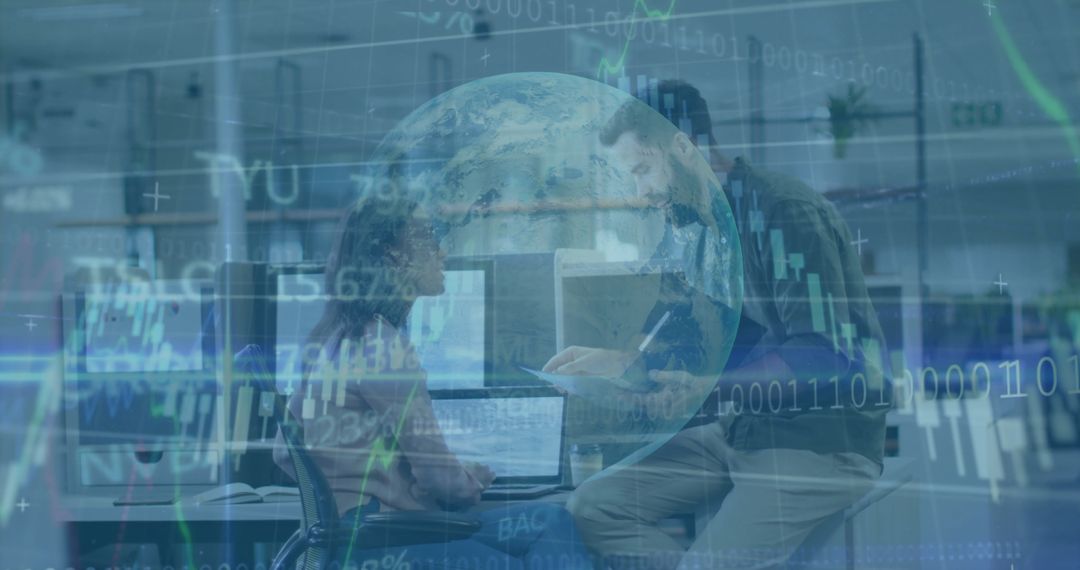 Data Analysts in Modern Office with Holographic Globe Overlay