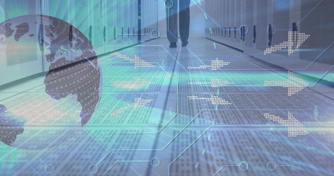Man in Data Center with Digital Globe and Binary Overlays Conveying Connection
