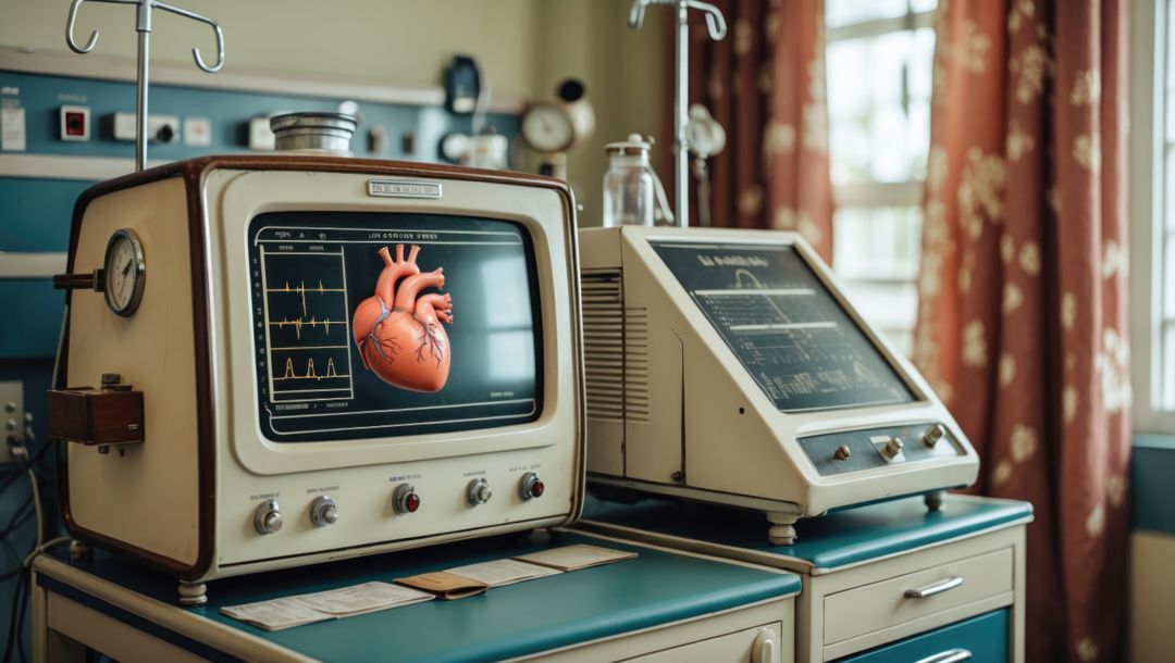 Retro medical equipment with heart signal display in clinical environment, cardiovascular diseases t