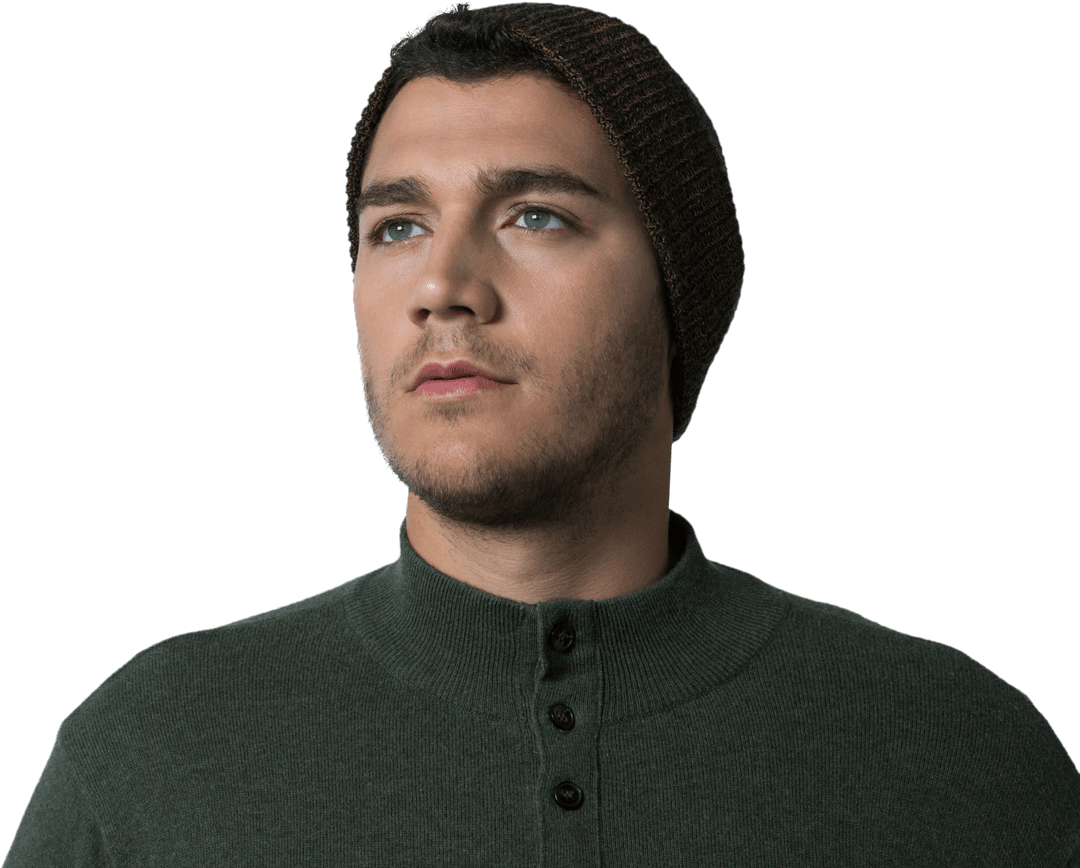 Confident Young Man in Green Sweater and Brown Beanie On Transparent Background