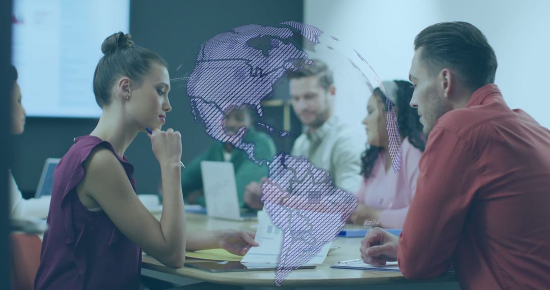 Global Strategy Meeting with Transparent World Map Overlay