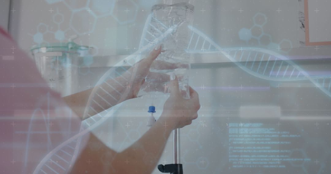 Doctor Adjusting IV Drip with DNA and Data