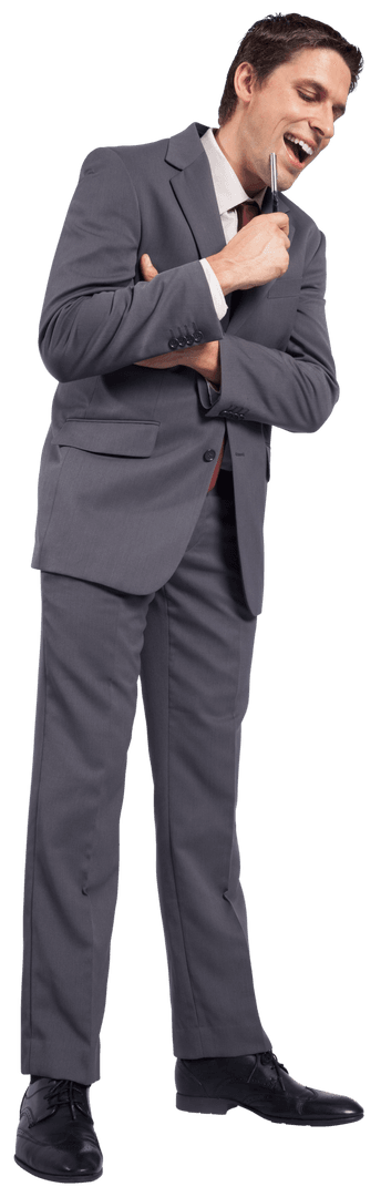 Pensive Businessman in Grey Suit Holding Pen on Transparent Background