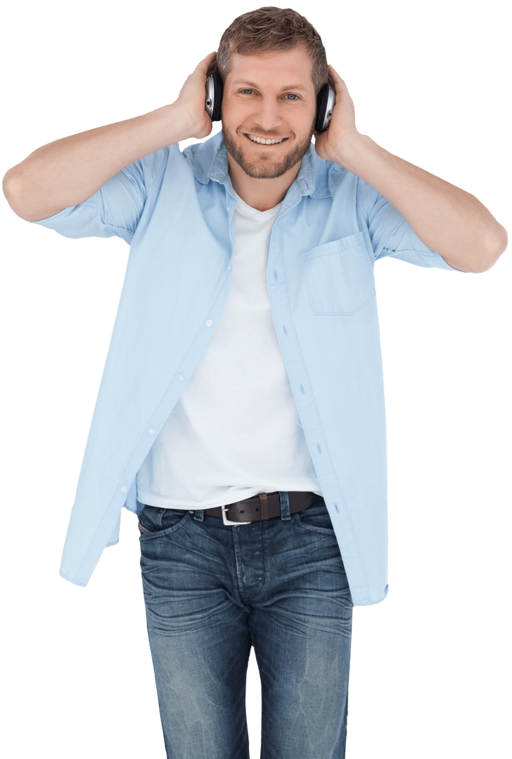 Smiling Man in Jeans and Headphones Listening Passionately Transparent