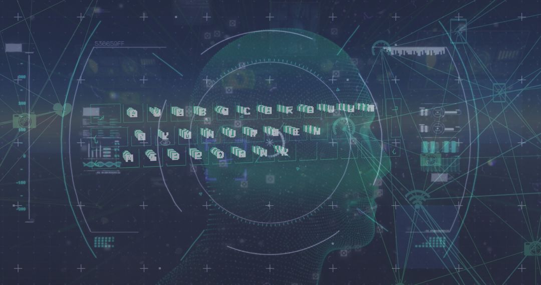 Futuristic Digital Interface with Cityscape and Data Networks