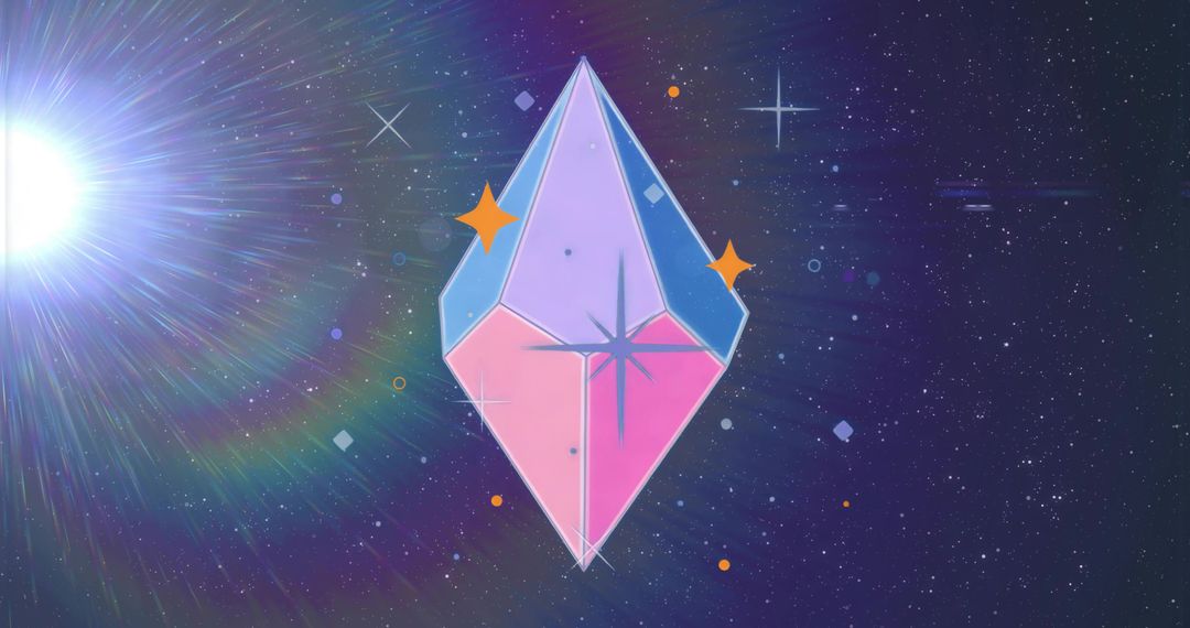 Floating Luminous Faceted Crystal in Cosmic Space with Rainbow Lens Flare, Geometric Glow